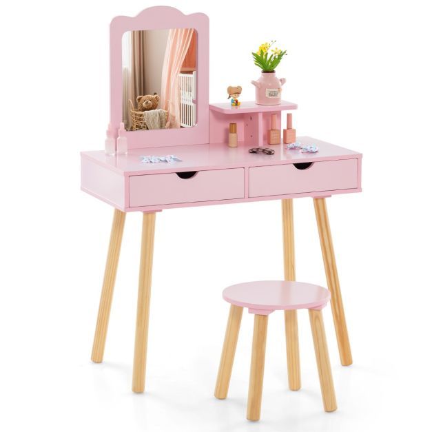 2 in 1 Kinder Schminktisch Set Schreibtisch &amp; Hocker mit Spiegel 70 x 37 x 100 cm Rosa