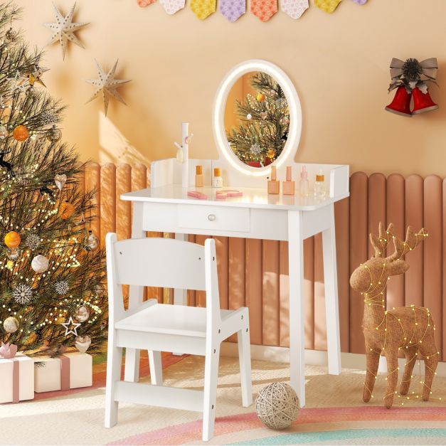 2 in 1 Kinder Schminktisch mit Hocker Frisiertisch mit Beleuchtung weiss