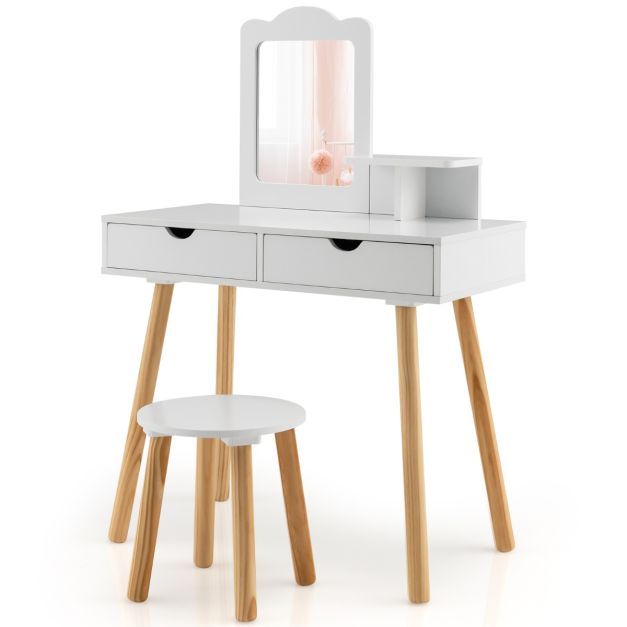 2 in 1 Kinder Schminktisch Set Schreibtisch &amp; Hocker mit Spiegel 70 x 37 x 100 cm Weiss