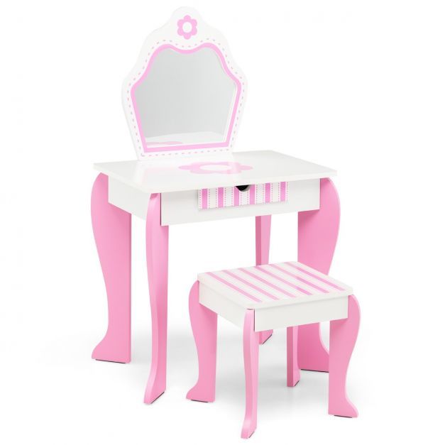 Schminktisch &amp; Hocker-Set für Kinder mit Spiegel und Schublade 49 x 34 x 86,5 cm Rosa