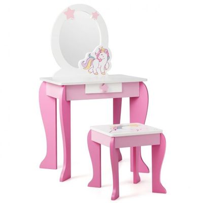 Kinder Einhorn Schminktisch aus Holz mit Hocker &amp; Abnehmbarer Spiegel &amp; Schublade Rosa
