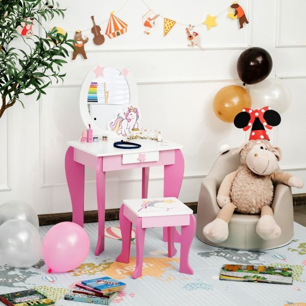 Kinder Einhorn Schminktisch aus Holz mit Hocker & Abnehmbarer Spiegel & Schublade Rosa