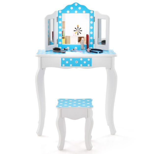2 in 1 Kinder Schminktisch mit Hocker &amp; Dreifach Klappbarem Spiegel &amp; Schublade Punkt Blau