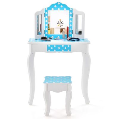 2 in 1 Kinder Schminktisch mit Hocker &amp; Dreifach Klappbarem Spiegel &amp; Schublade Punkt Blau