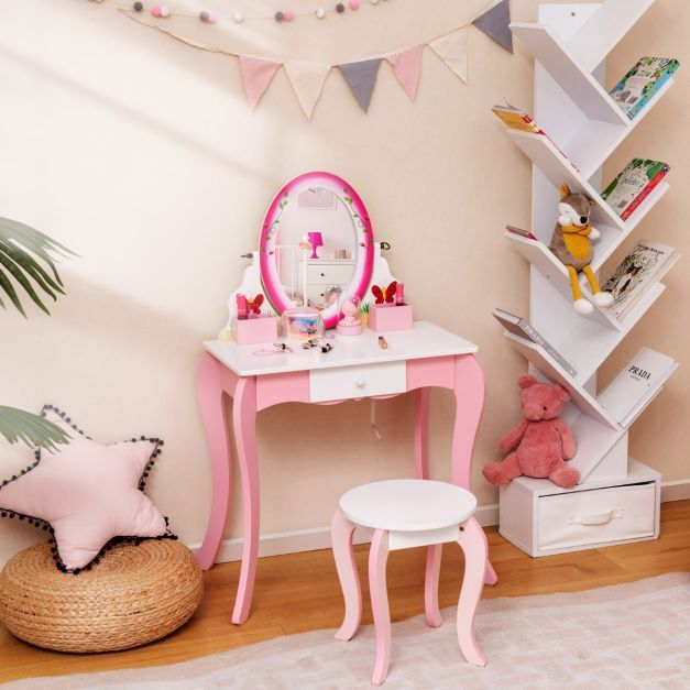 Schminktisch-Set mit Schmetterlingen für Kinder Frisierkommode/Whiteboard Weiss und Rosa