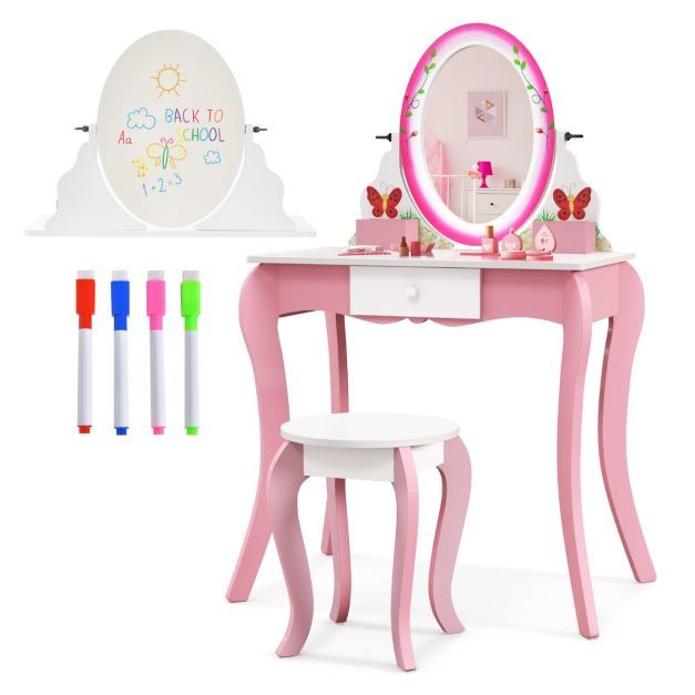 Schminktisch-Set mit Schmetterlingen für Kinder Frisierkommode/Whiteboard Weiss und Rosa