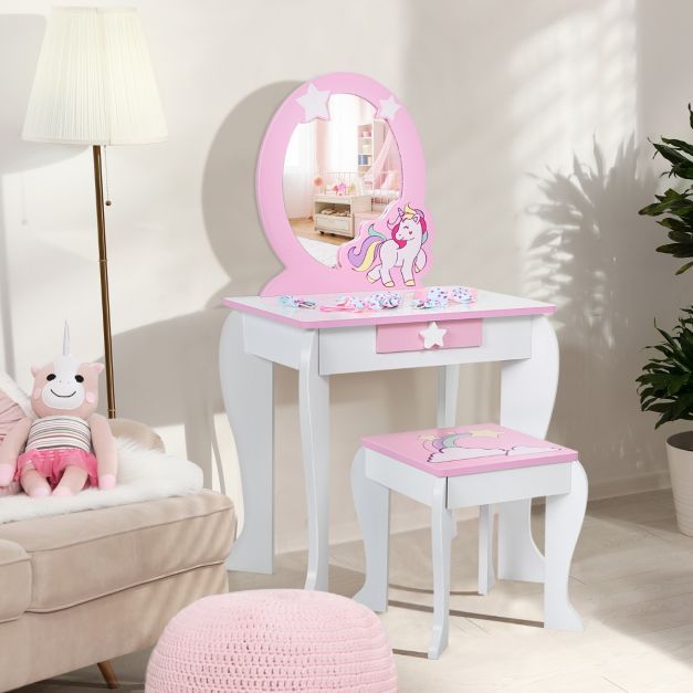 Kinder Einhorn-Frisiertisch aus Holz mit Hocker Spiegel Schublade Weiss + Rosa