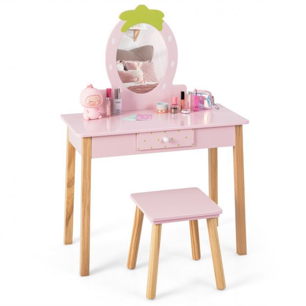 2-in-1-Kinder-Schminkset Erdbeer aus Holz mit Hocker &amp; Spiegel &amp; Schublade