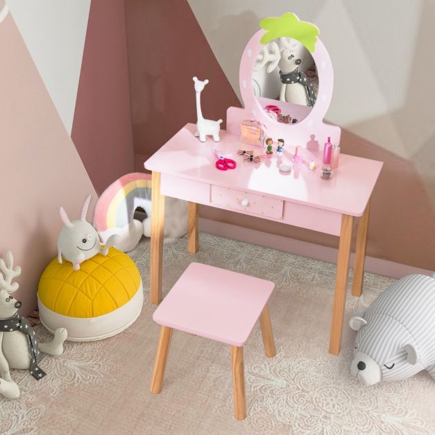 2-in-1-Kinder-Schminkset Erdbeer aus Holz mit Hocker & Spiegel & Schublade