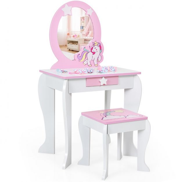 Kinder Einhorn-Frisiertisch aus Holz mit Hocker Spiegel Schublade Weiss + Rosa