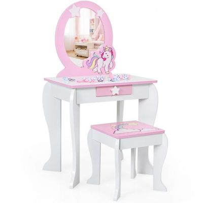 Kinder Einhorn-Frisiertisch aus Holz mit Hocker Spiegel Schublade Weiss + Rosa