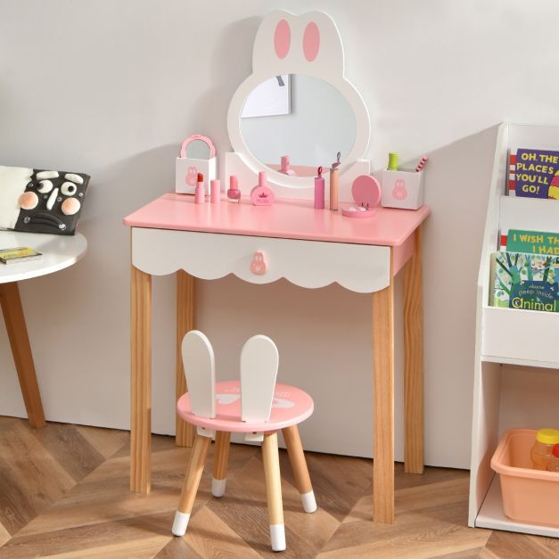 Kinder Schminktisch mit Hocker Prinzessin Schminkkommode 60 x 34 x 103 cm Rosa + Weiss