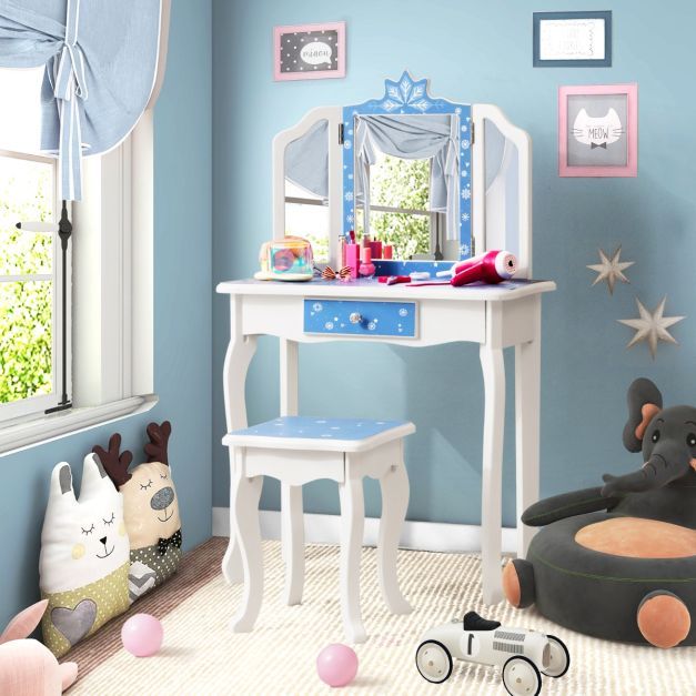 Kinder Schminktisch Set Schneeflocke mit Klappbarem Spiegel Blau