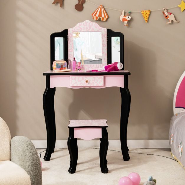 Kinder Schminktisch Leopard mit Hocker & klappbarem Spiegel & Schublade