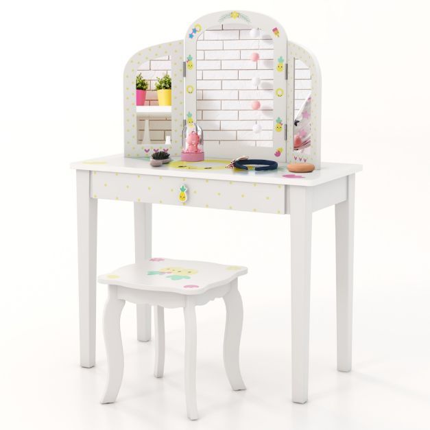 Kinder Ananas Schminktisch und Stuhl Set Kinder Frisiertisch mit Dreifach Klappbarem Spiegel Weiss