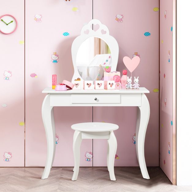 Kinder Herz Schminktisch Frisiertisch Make-up Tisch mit Hocker und Spiegel Weiss