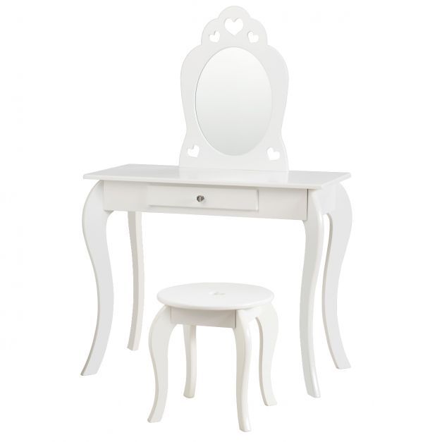 Kinder Herz Schminktisch Frisiertisch Make-up Tisch mit Hocker und Spiegel Weiss