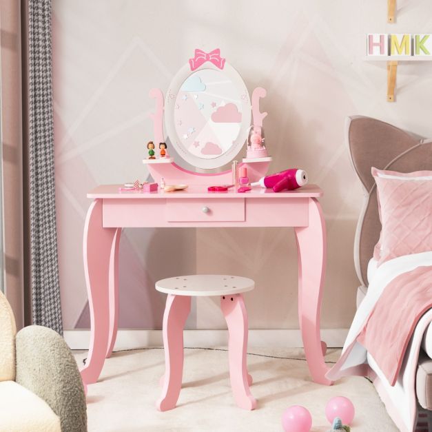2-in-1 Kinder Schminktisch-Set aus Holz mit Hocker Rosa + Weiss