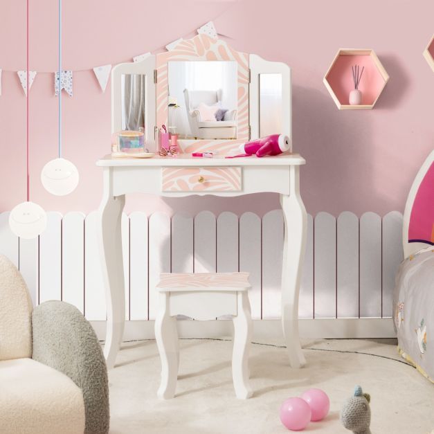 Kinder Schminktisch Zebra mit Hocker & dreifach klappbarem Spiegel & Schublade
