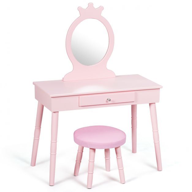 Kinder Schminktisch-Set &quot;Krone&quot; mit Hocker &amp; Abnehmbarem Spiegel Make-up Tisch Rosa