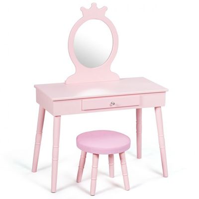 Kinder Schminktisch-Set &quot;Krone&quot; mit Hocker &amp; Abnehmbarem Spiegel Make-up Tisch Rosa