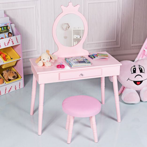 Kinder Schminktisch-Set "Krone" mit Hocker & Abnehmbarem Spiegel Make-up Tisch Rosa
