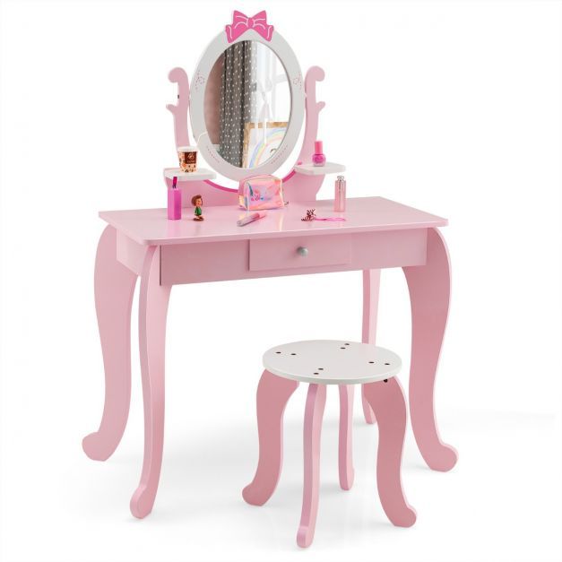 2-in-1 Kinder Schminktisch-Set aus Holz mit Hocker Rosa + Weiss