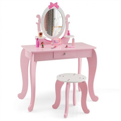 2-in-1 Kinder Schminktisch-Set aus Holz mit Hocker Rosa + Weiss