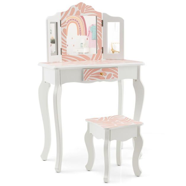 Kinder Schminktisch Zebra mit Hocker &amp; dreifach klappbarem Spiegel &amp; Schublade