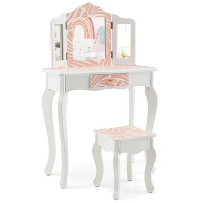 Kinder Schminktisch Zebra mit Hocker &amp; dreifach klappbarem Spiegel &amp; Schublade