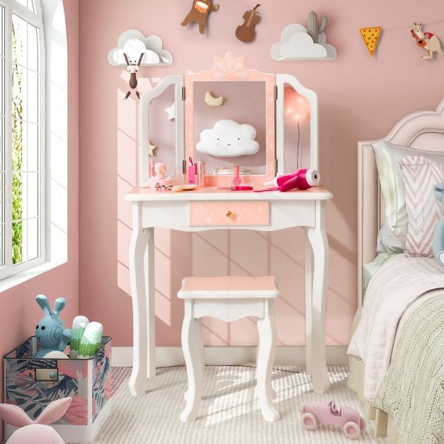 Kinder Schminktisch Set Schneeflocke mit Dreifach Klappbarem Spiegel Rosa