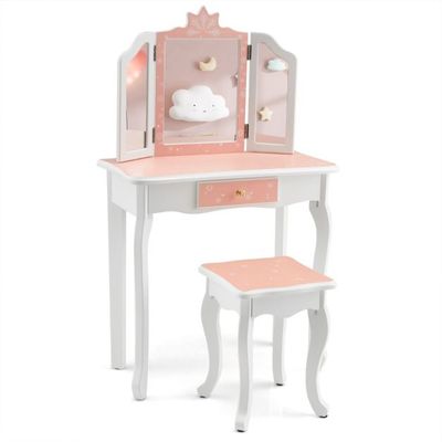 Kinder Schminktisch Set Schneeflocke mit Dreifach Klappbarem Spiegel Rosa