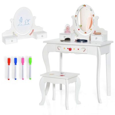 Kinder Schminktisch Set &quot;Apfel&quot; Schminktisch mit 360° drehbarem Spiegel  Whiteboard Weiss