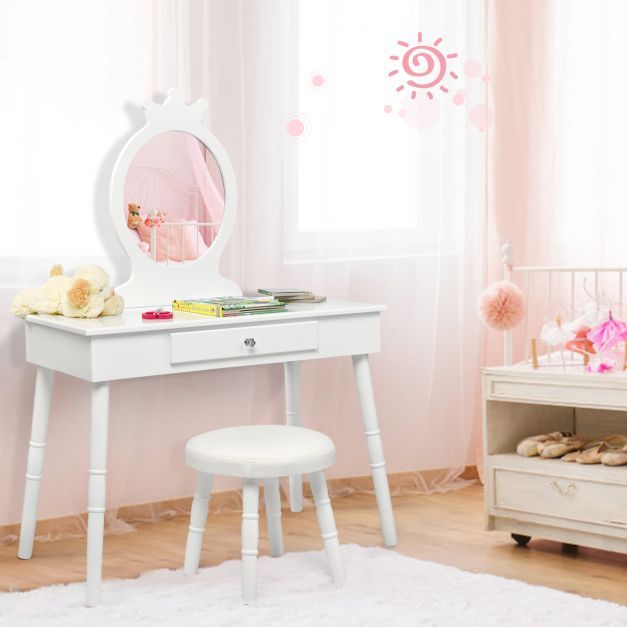 Kinder Schminktisch *Krone" Make-up Tisch Hocker&Spiegel Frisierkommode Frisiertisch Weiss