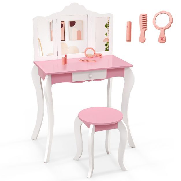 2 in 1 Kinder Schminktisch mit Hocker &amp; 3-Fach Abnehmbarem Spiegel &amp; Schublade Frisiertisch