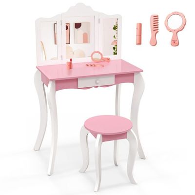 2 in 1 Kinder Schminktisch mit Hocker &amp; 3-Fach Abnehmbarem Spiegel &amp; Schublade Frisiertisch