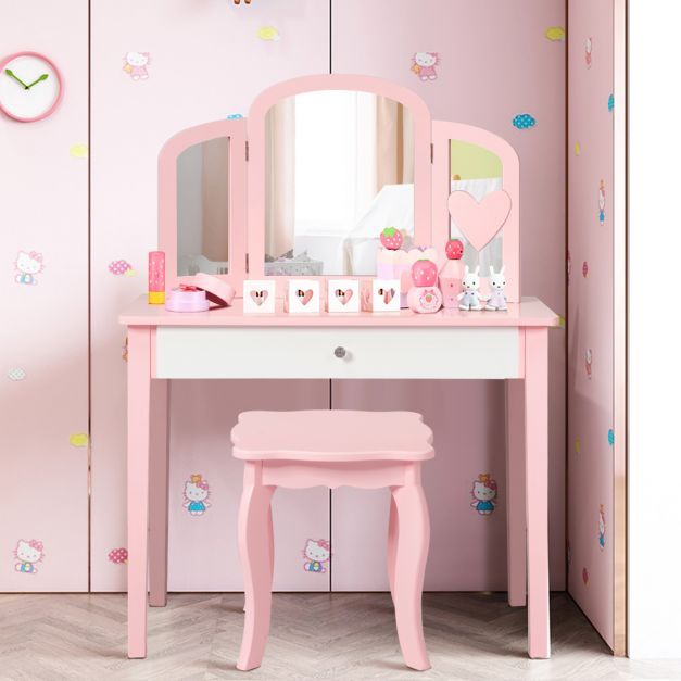 Kinder Schminktisch- und Stuhl-Set mit Klappbarem Spiegel & Schublade Rosa + Weiss