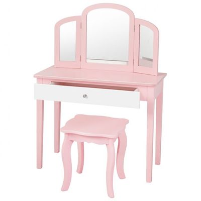 Kinder Schminktisch- und Stuhl-Set mit Klappbarem Spiegel &amp; Schublade Rosa + Weiss