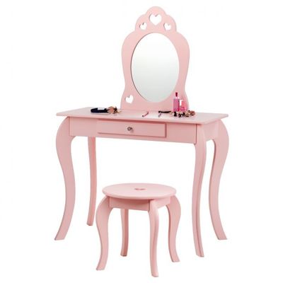 Kinder Schminktisch Frisiertisch Make-up Tisch mit Hocker und Spiegel Rosa
