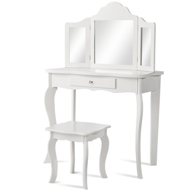Schminktisch- und Hocker-Set für Kinder Frisiertisch mit Schublade Spiegel 70 x 34 x 103 cm Weiss