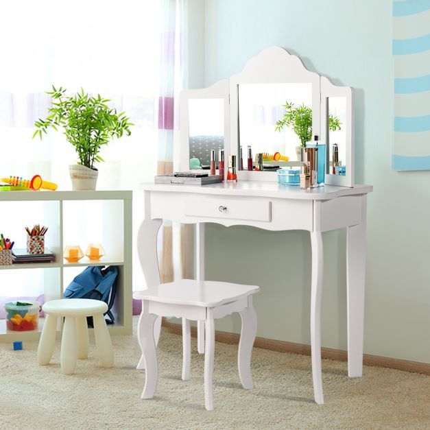 Schminktisch- und Hocker-Set für Kinder Frisiertisch mit Schublade Spiegel 70 x 34 x 103 cm Weiss