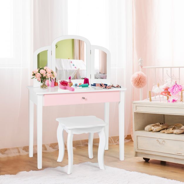 Schminktisch Set Kinder 2 in 1 mit Dreifach Klappbarem Spiegel & Schublade Weiss