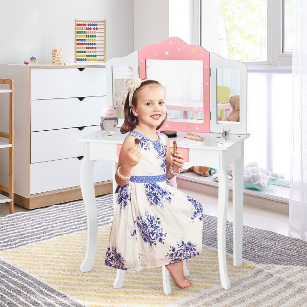 Kinder Schminktisch Sterne Frisiertisch mit Schublade Klappbarer Spiegel mit Schminktisch Weiss