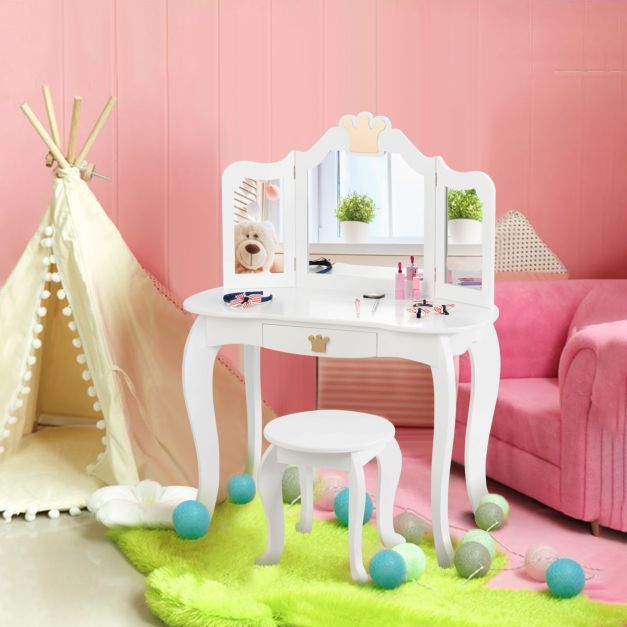 2 in 1 Frisiertisch Set Krone Kinder Schminktisch Mädchen Frisiertisch Holz Spiegeltisch Weiss