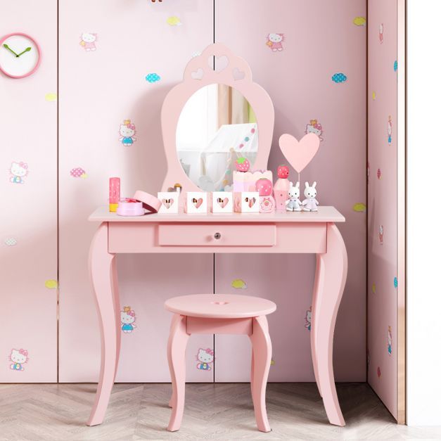 Kinder Schminktisch Frisiertisch Make-up Tisch mit Hocker und Spiegel Rosa