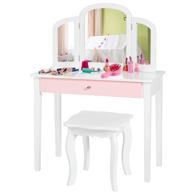 Schminktisch Set Kinder 2 in 1 mit Dreifach Klappbarem Spiegel &amp; Schublade Weiss