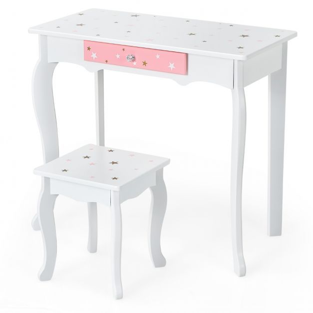 Kinder Schminktisch Sterne Frisiertisch mit Schublade Klappbarer Spiegel mit Schminktisch Weiss