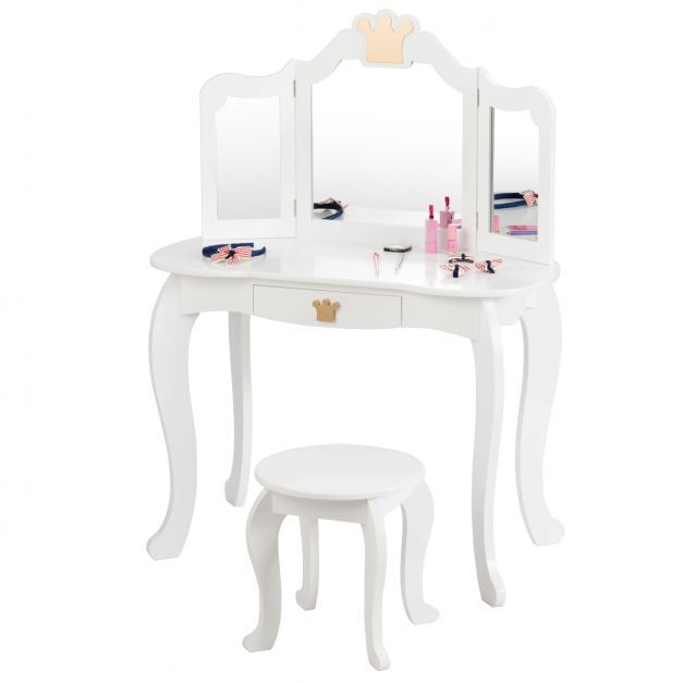 2 in 1 Frisiertisch Set Krone Kinder Schminktisch Mädchen Frisiertisch Holz Spiegeltisch Weiss