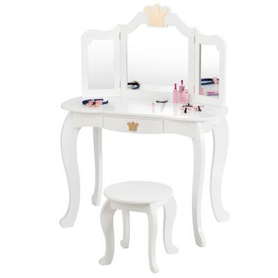 2 in 1 Frisiertisch Set Krone Kinder Schminktisch Mädchen Frisiertisch Holz Spiegeltisch Weiss