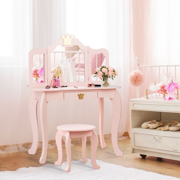 Kinder Schminktisch Krone Frisier-Set mit Spiegel 70 x 34 x 105 cm Rosa